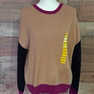 Express Tan and Black Crew Neck Sweater with Colorblock Design